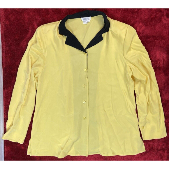 Vintage Due Per Due S 12 %100 Silk Yellow Blouse Long Sleeve Shirt Waitress 80s - Picture 1 of 10